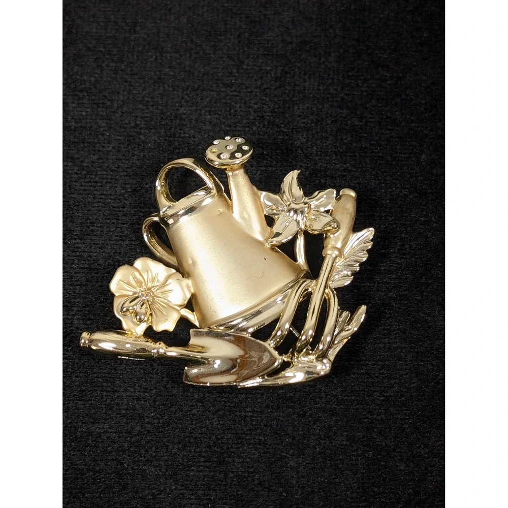 Vintage AJC Gold Tone Garden‎ Watering Can Tools Flowers Brooch Pin Signed